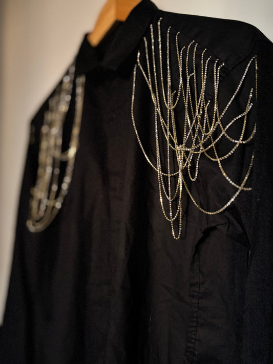 Edgy Embellished Handcrafted Oversized Shirt Black