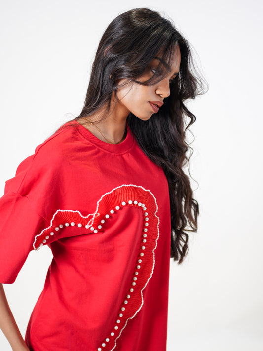 Cupid Embellished Handcrafted Oversized Tshirt Dress Red