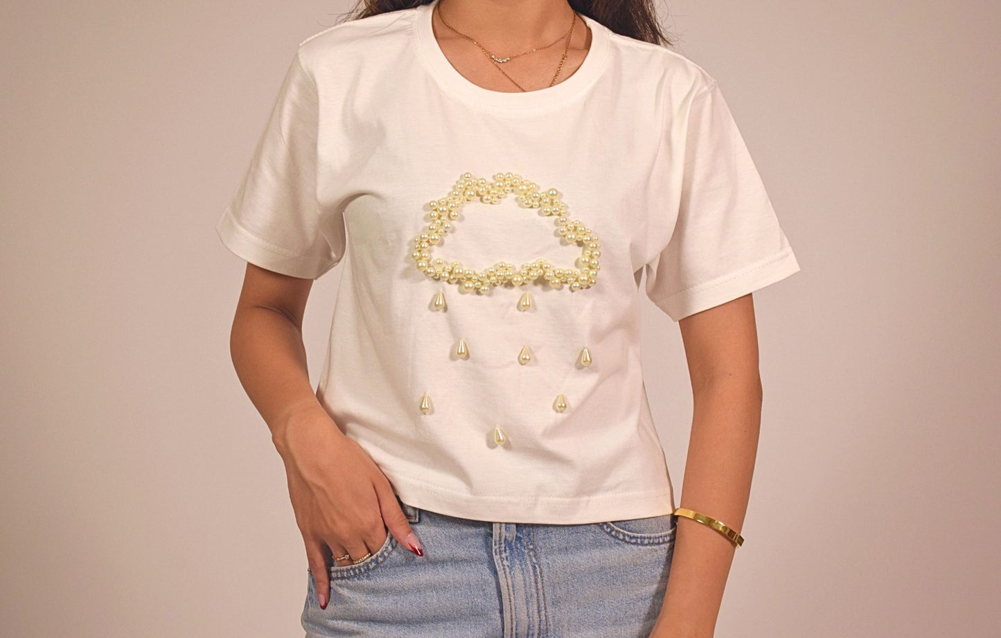 Rain Embellished Handcrafted Crop T Shirt