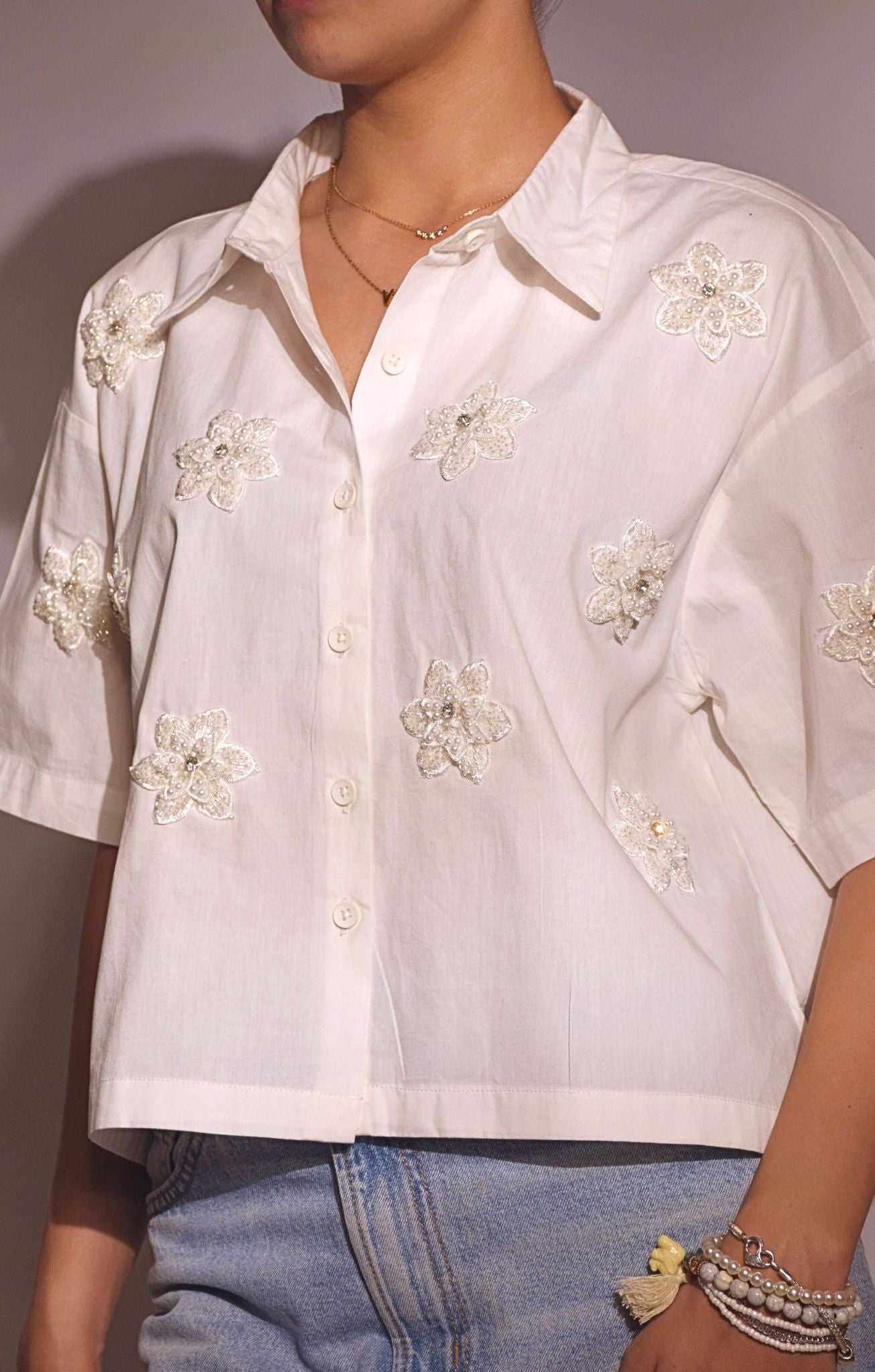 Pearl Flower Embellished Handcrafted Crop Shirt