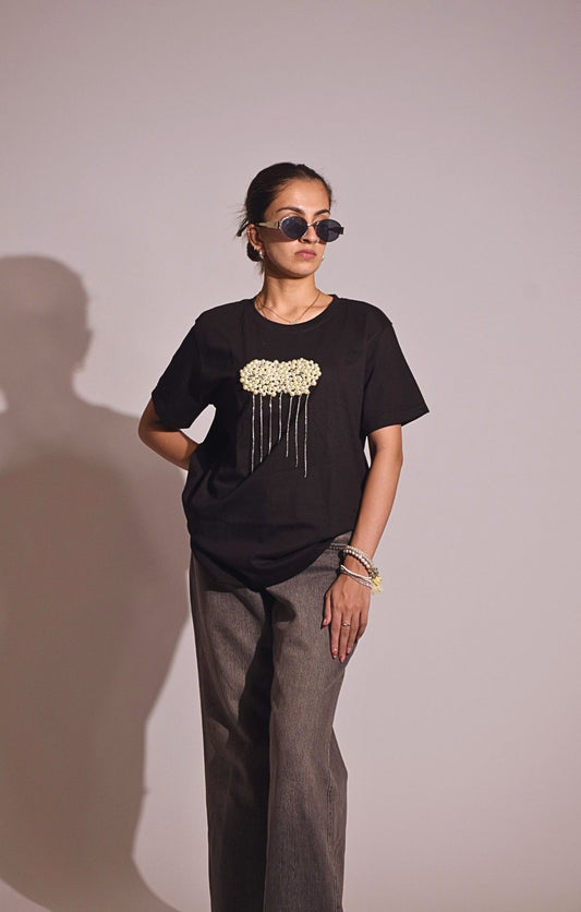 Cloud Embellished Handcrafted oversized T-Shirt Black