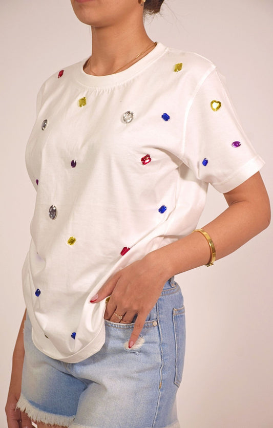 9 Stone Embellished Handcrafted Oversized T Shirt