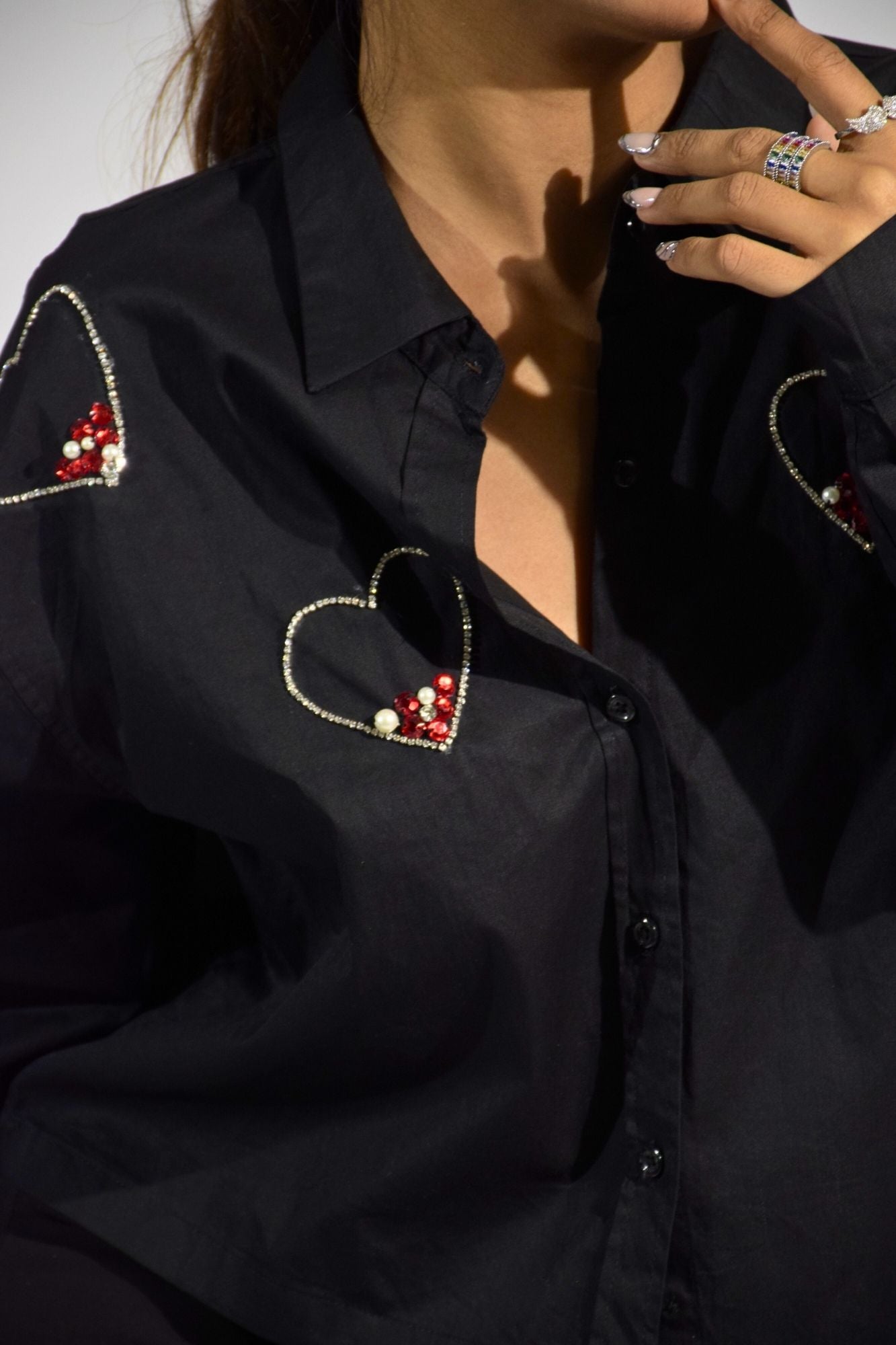 Midnight Love Embellished Handcrafted Crop Shirt Black