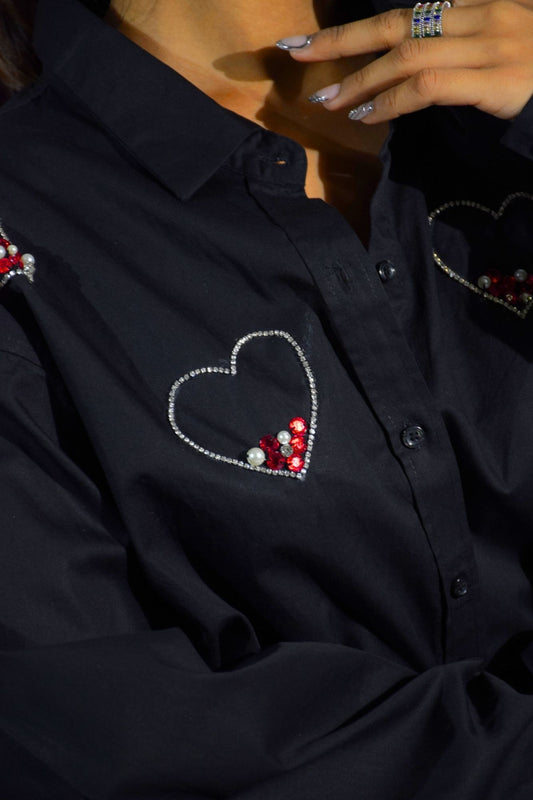 Midnight Love Embellished Handcrafted Crop Shirt Black
