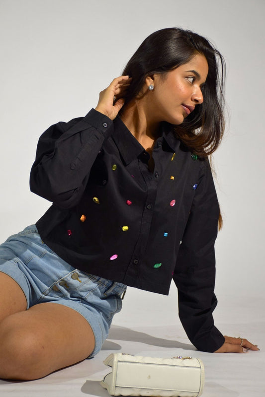 9 Stone Embellished Handcrafted Crop Shirt Black