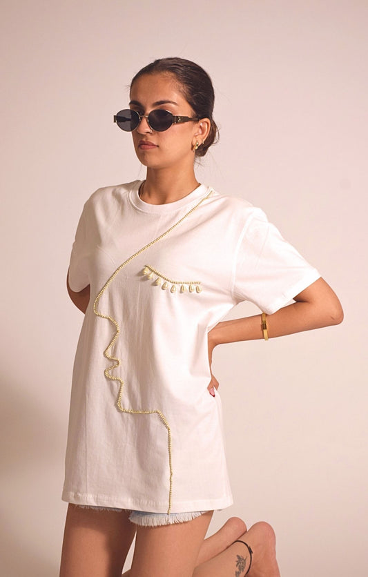 Face Embellished Handcrafted oversized T Shirt White