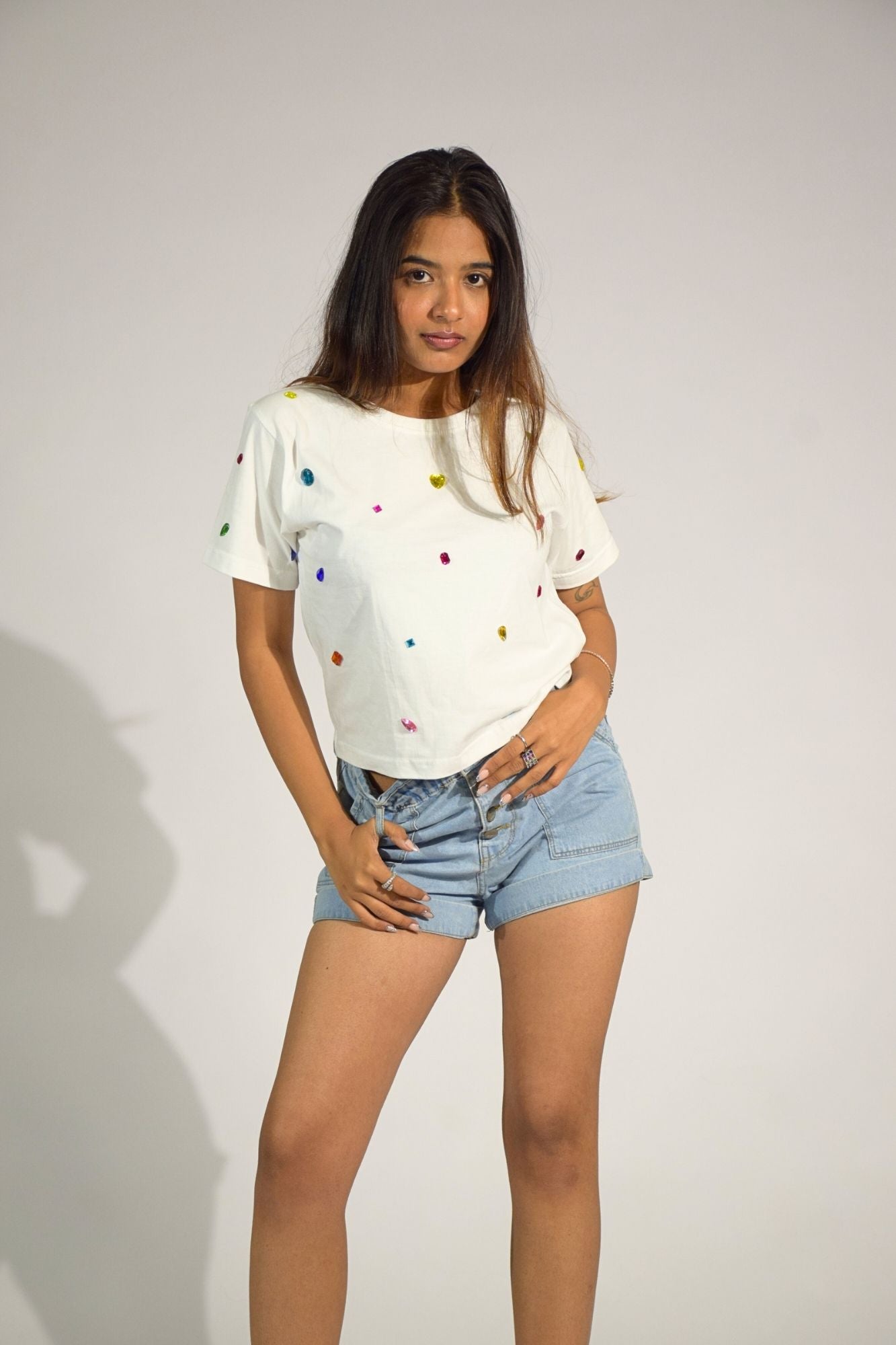 9 Stone Embellished Handcrafted Crop T-Shirt White