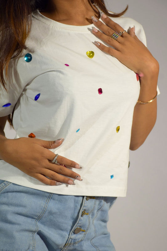 9 Stone Embellished Handcrafted Crop T-Shirt White