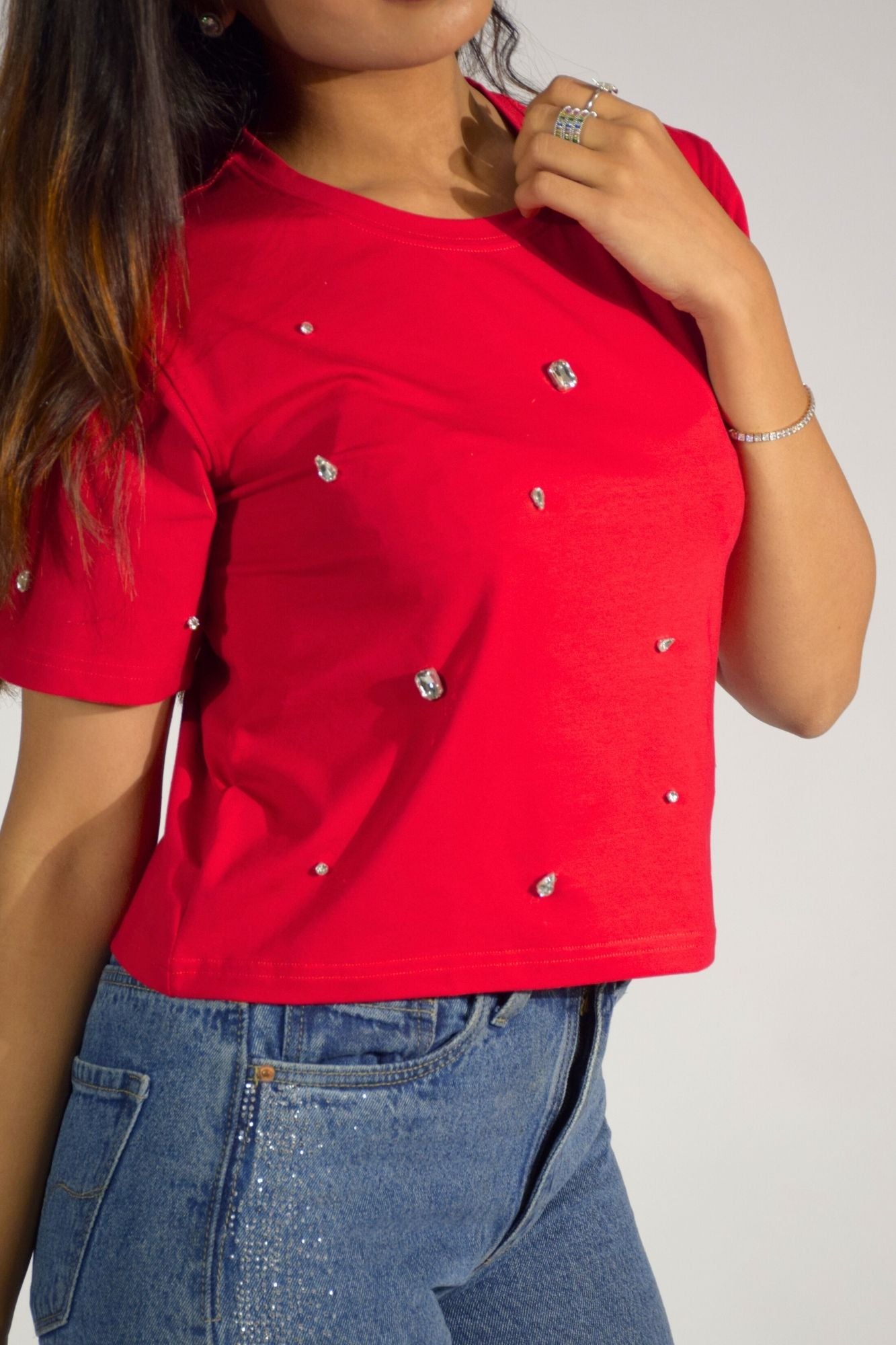 Galaxy Stone Embellished Handcrafted Crop T-shirt Red