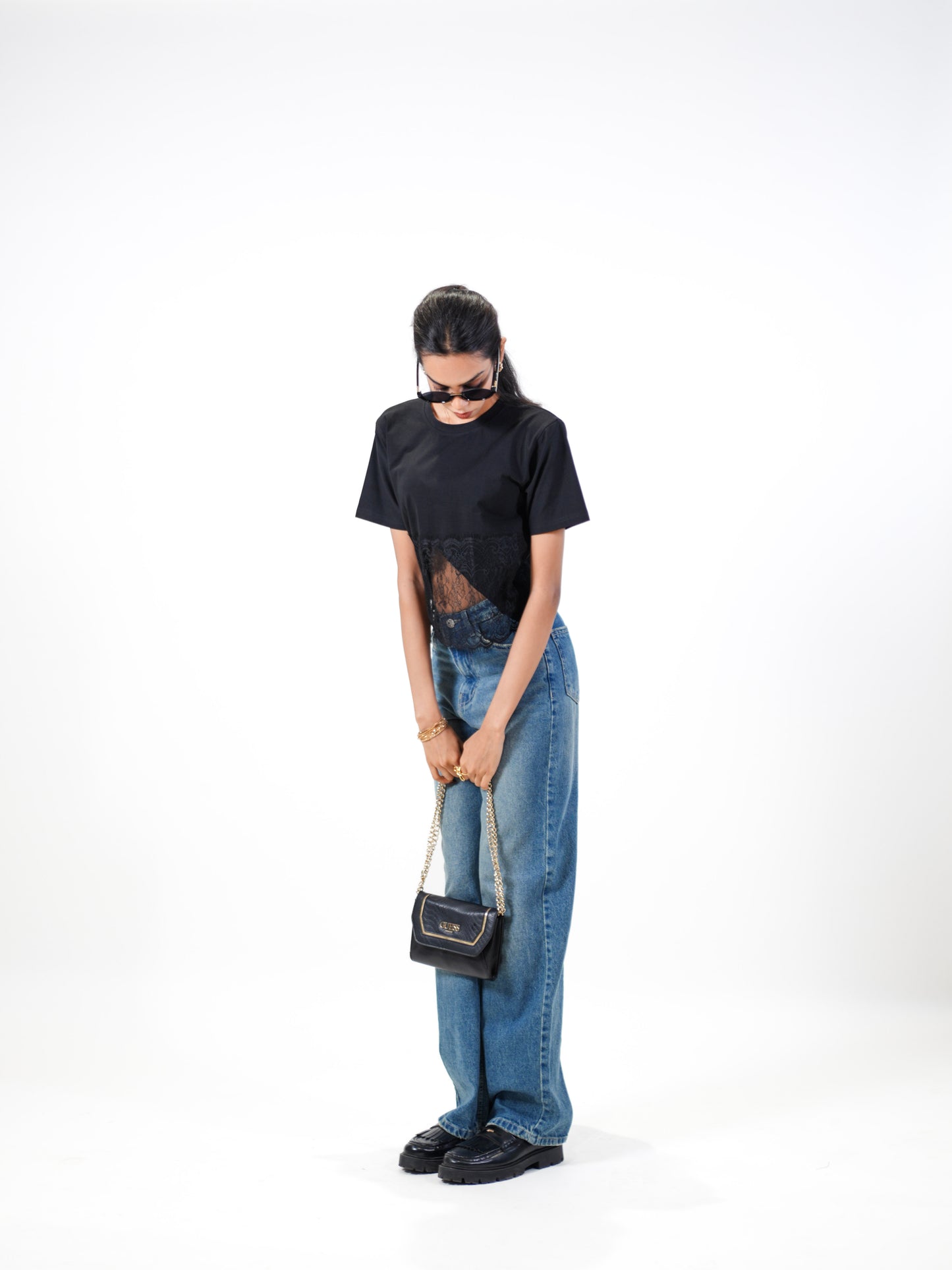 Lace Affair Embellished Handcrafted Drop Crop T-Shirt Black