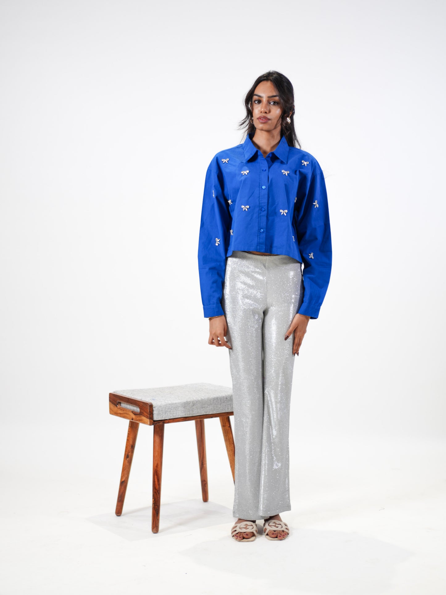 Bow Bliss Embellished Handcrafted Crop Shirt Blue
