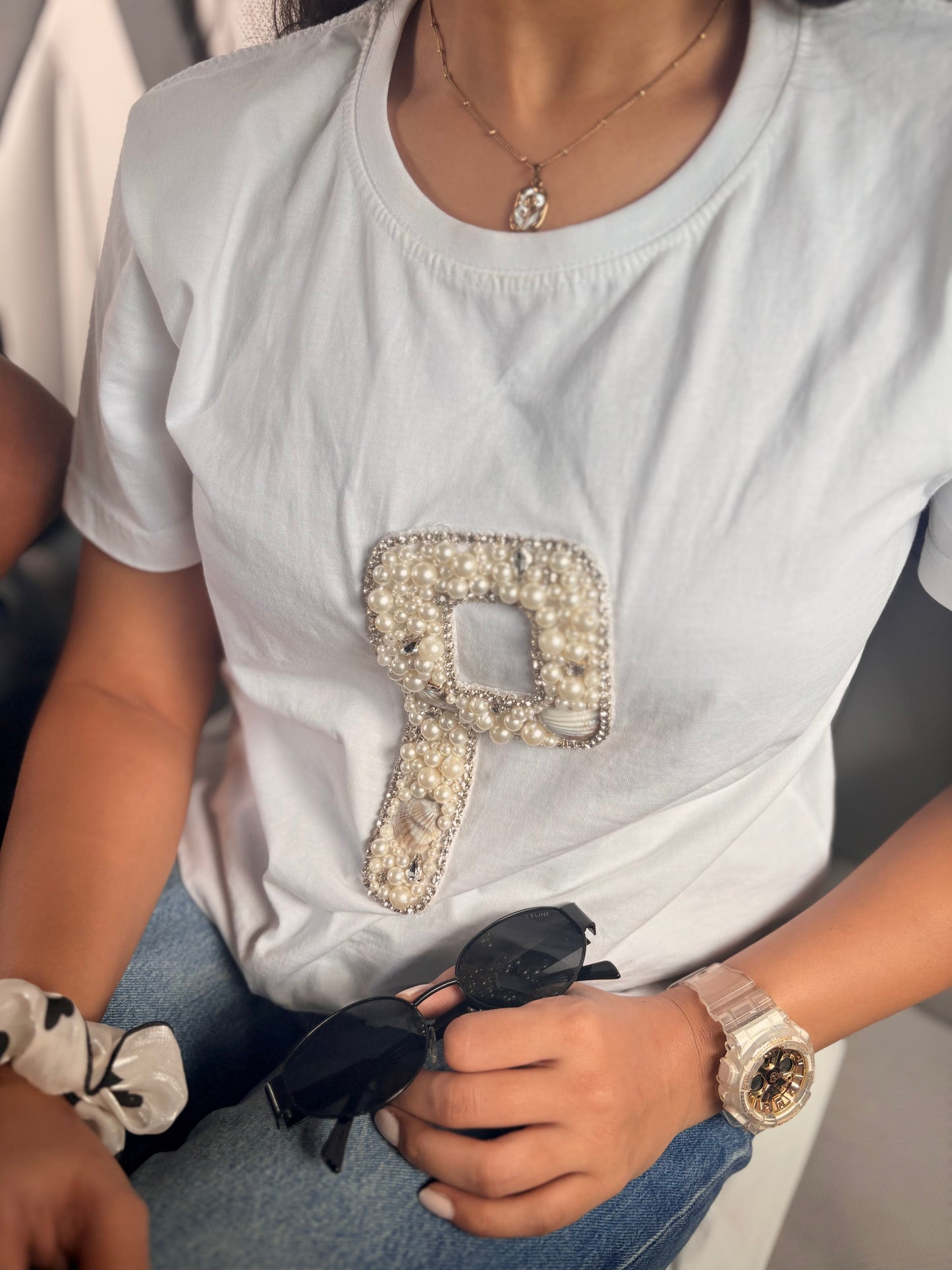 Personalised alphabet hand embroidered embellished crop tshirt