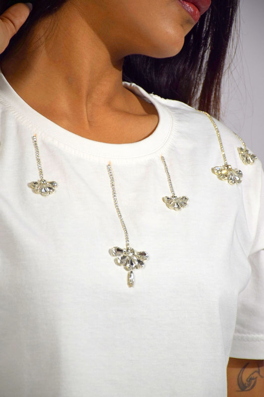 Chandelier Embellished Handcrafted Crop T-Shirt White
