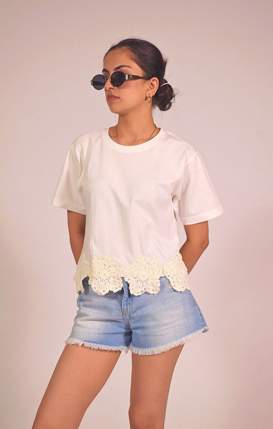 Downtown Crochet Embellished Handcrafted Crop T Shirt