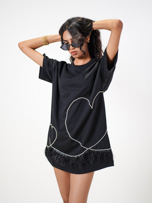 Stardust Embellished Handcrafted Oversized Tshirt Dress Black