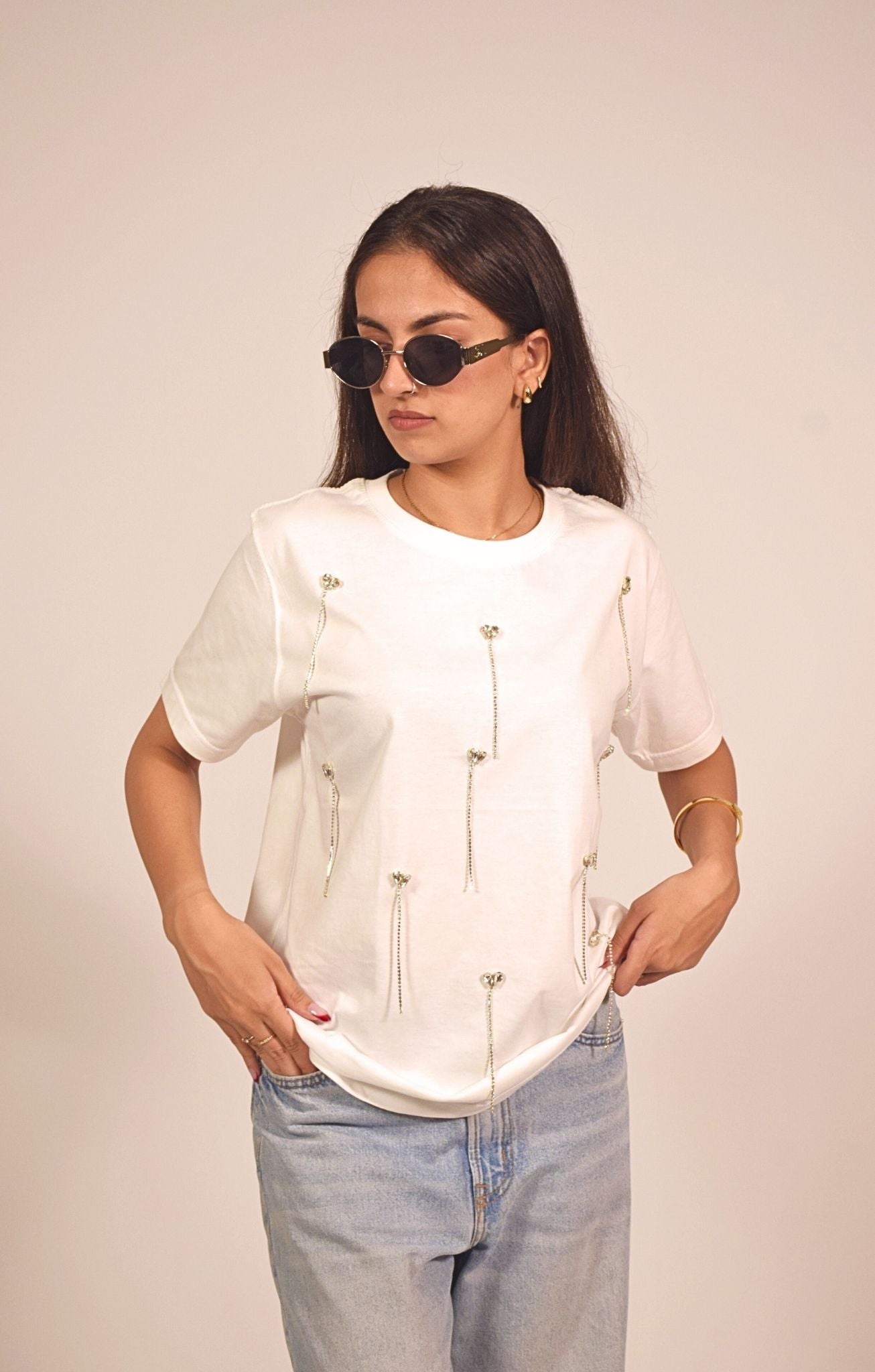 Heartdrop Embellished Handcrafted Drop Oversized T Shirt