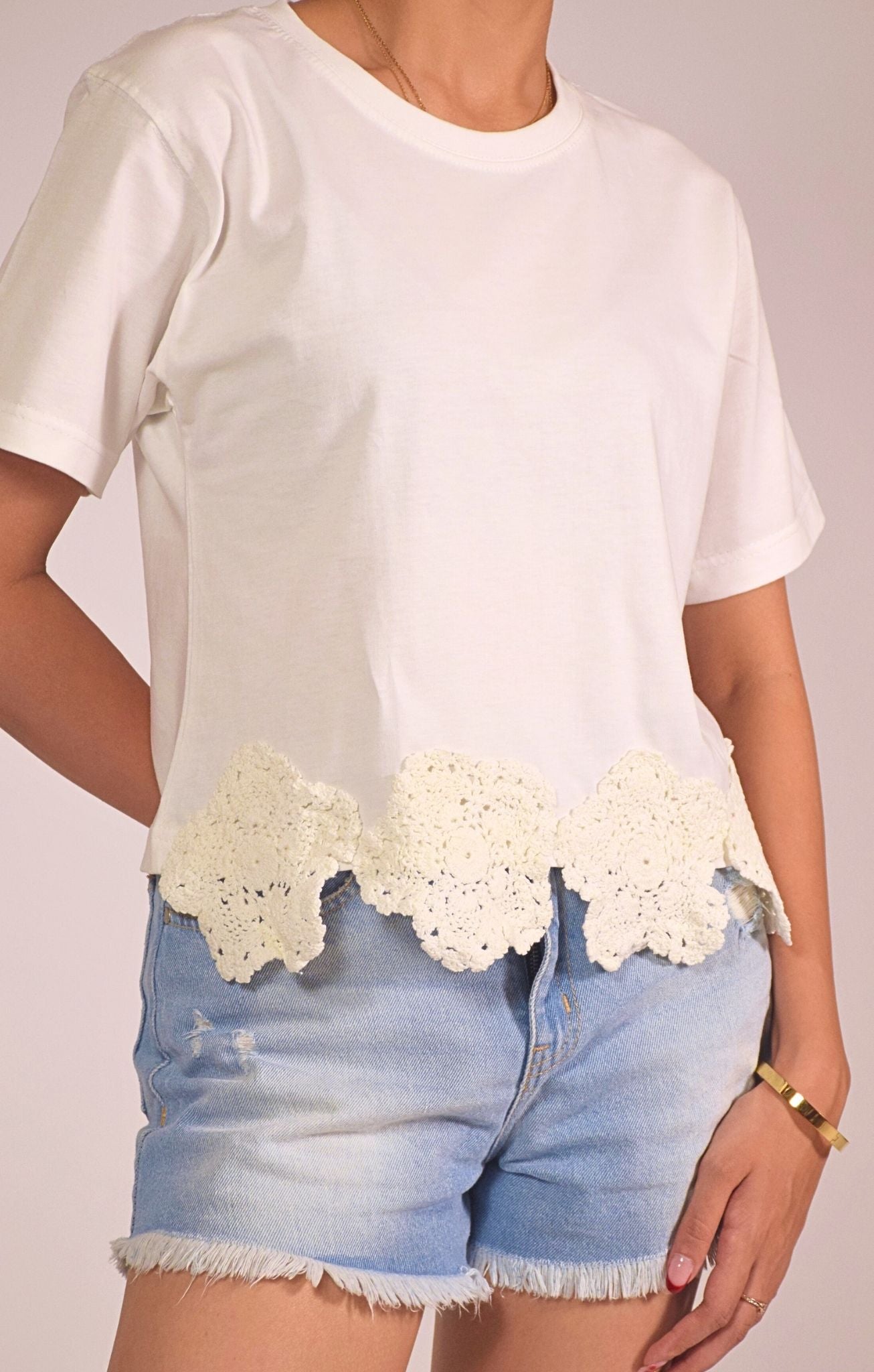 Downtown Crochet Embellished Handcrafted Crop T Shirt White