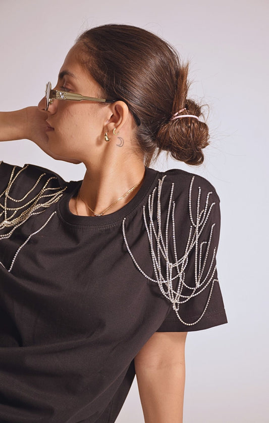 Edgy Embellished Handcrafted oversized T-Shirt Black