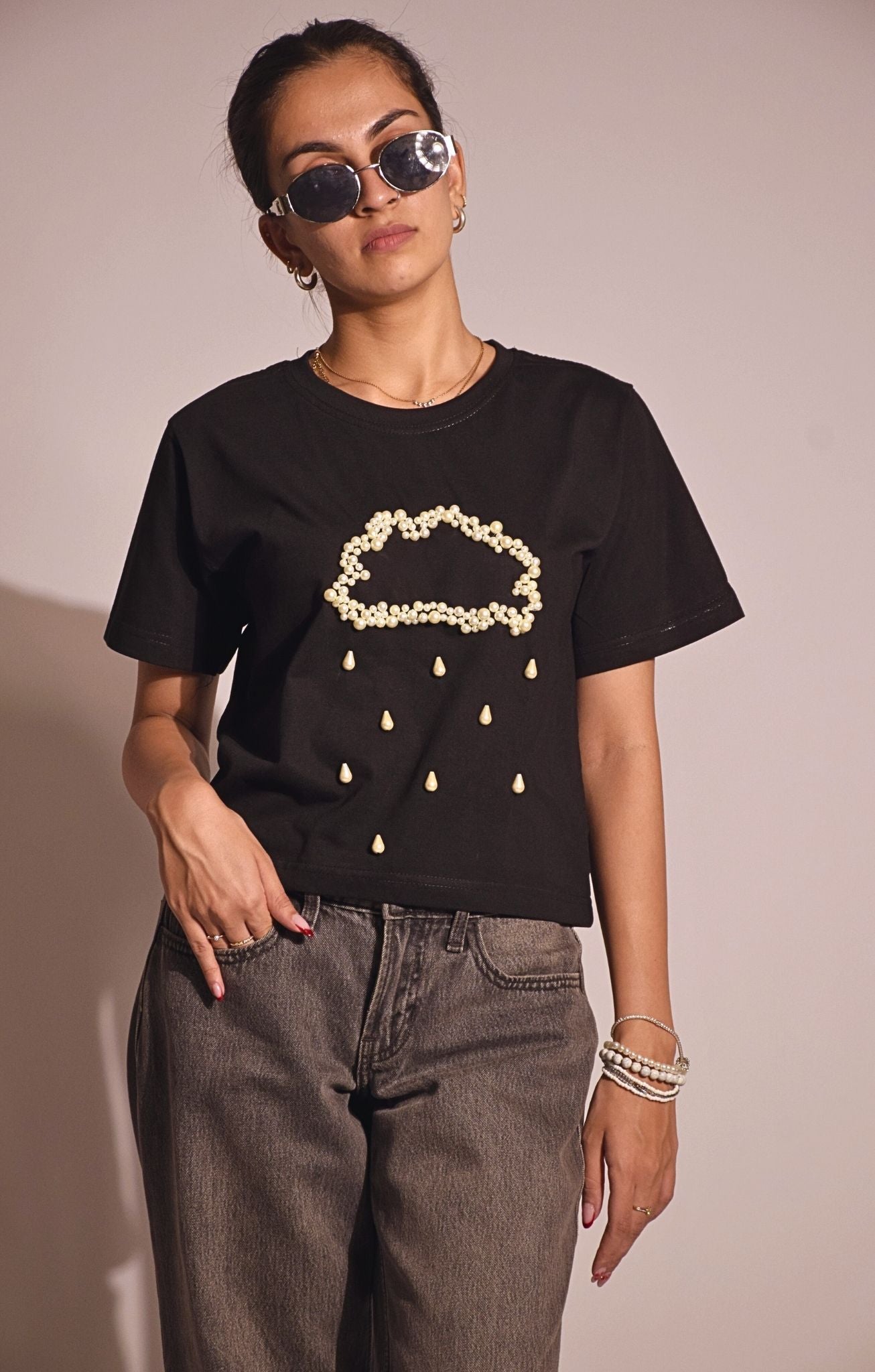 Rain Embellished Handcrafted Crop T Shirt Black