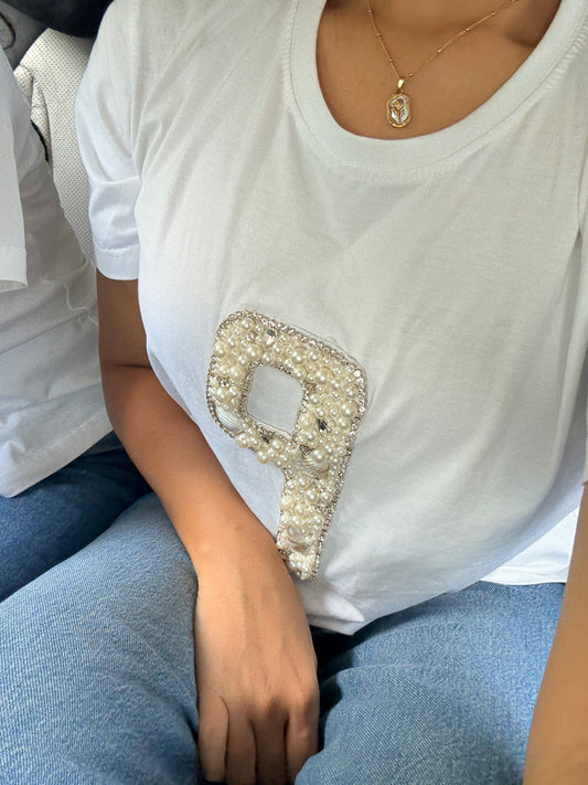 Personalised alphabet hand embroidered embellished crop tshirt