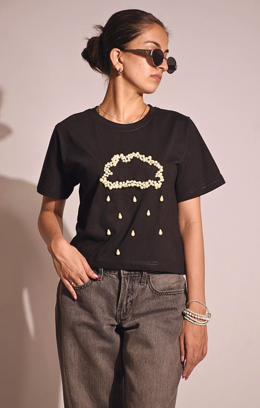 Rain Embellished Handcrafted Crop T Shirt Black