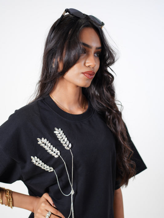 The Grain Embellished Handcrafted Oversized Tshirt Dress Black