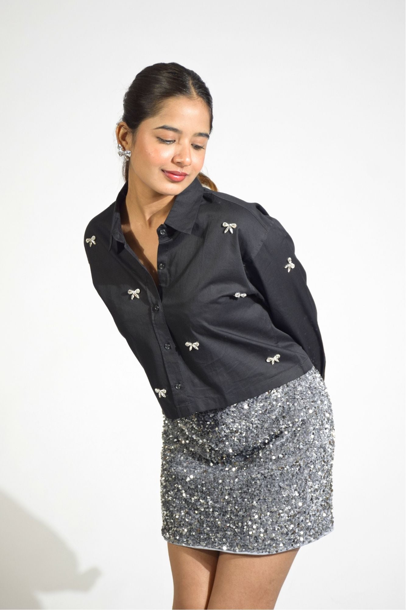 Bow Bliss Embellished Handcrafted Crop Shirt Black