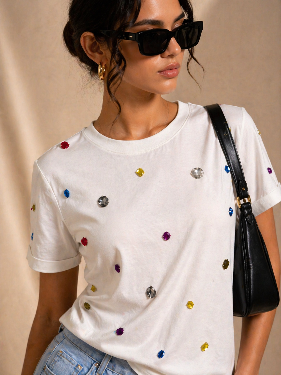 9 Stone Embellished Handcrafted oversized T Shirt White