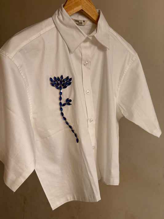 Sapphire Charm Embellished Handcrafted Crop Shirt White