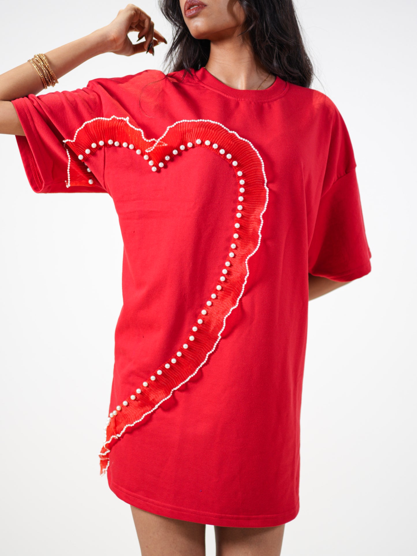 Cupid Embellished Handcrafted Oversized Tshirt Dress Red