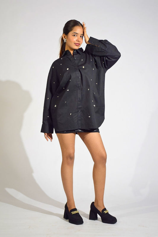 Galaxy Stone Embellished Handcrafted Oversized Shirt Black
