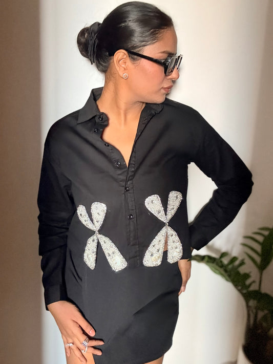 Bow aura charm embellished handcrafted crop shirt