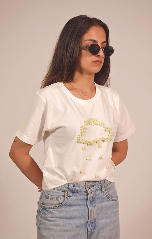 Rain Embellished Handcrafted Crop T Shirt White
