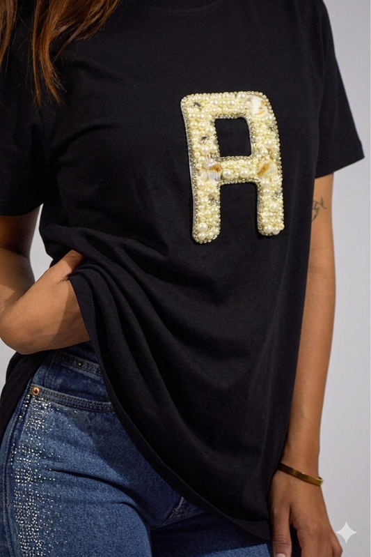 Personalized alphabet hand embroidered embellished oversized T-shirt Black