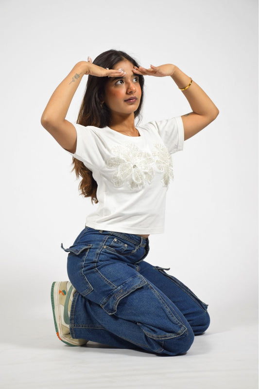 Quirky Flower Embellished Handcrafted Crop T-Shirt White