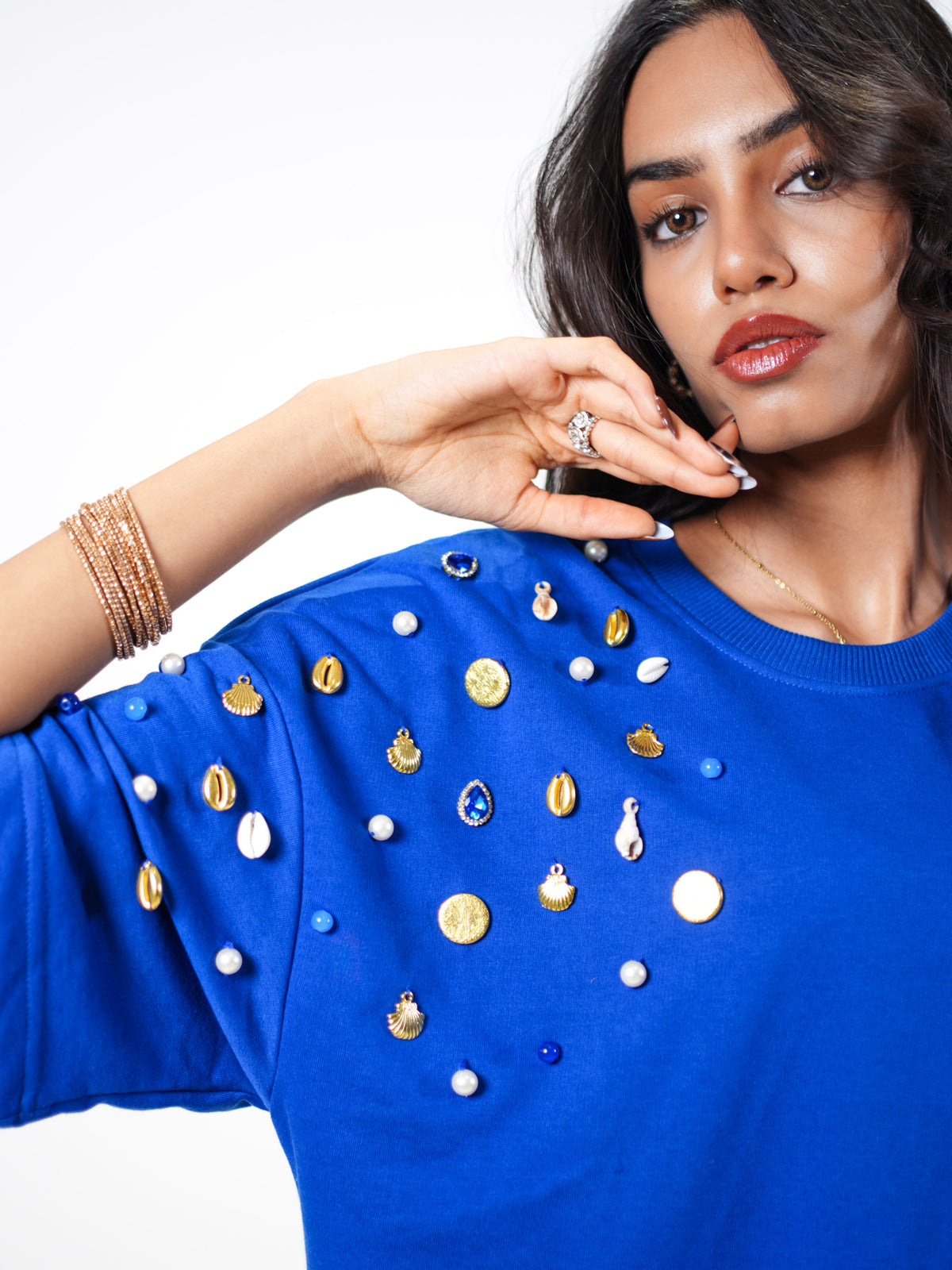 Blue Wave Treasure Embellished Handcrafted Oversized Tshirt Dress Blue