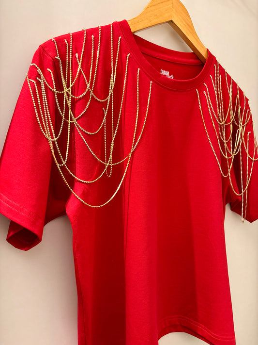 Edgy Embellished Handcrafted Crop T Shirt red