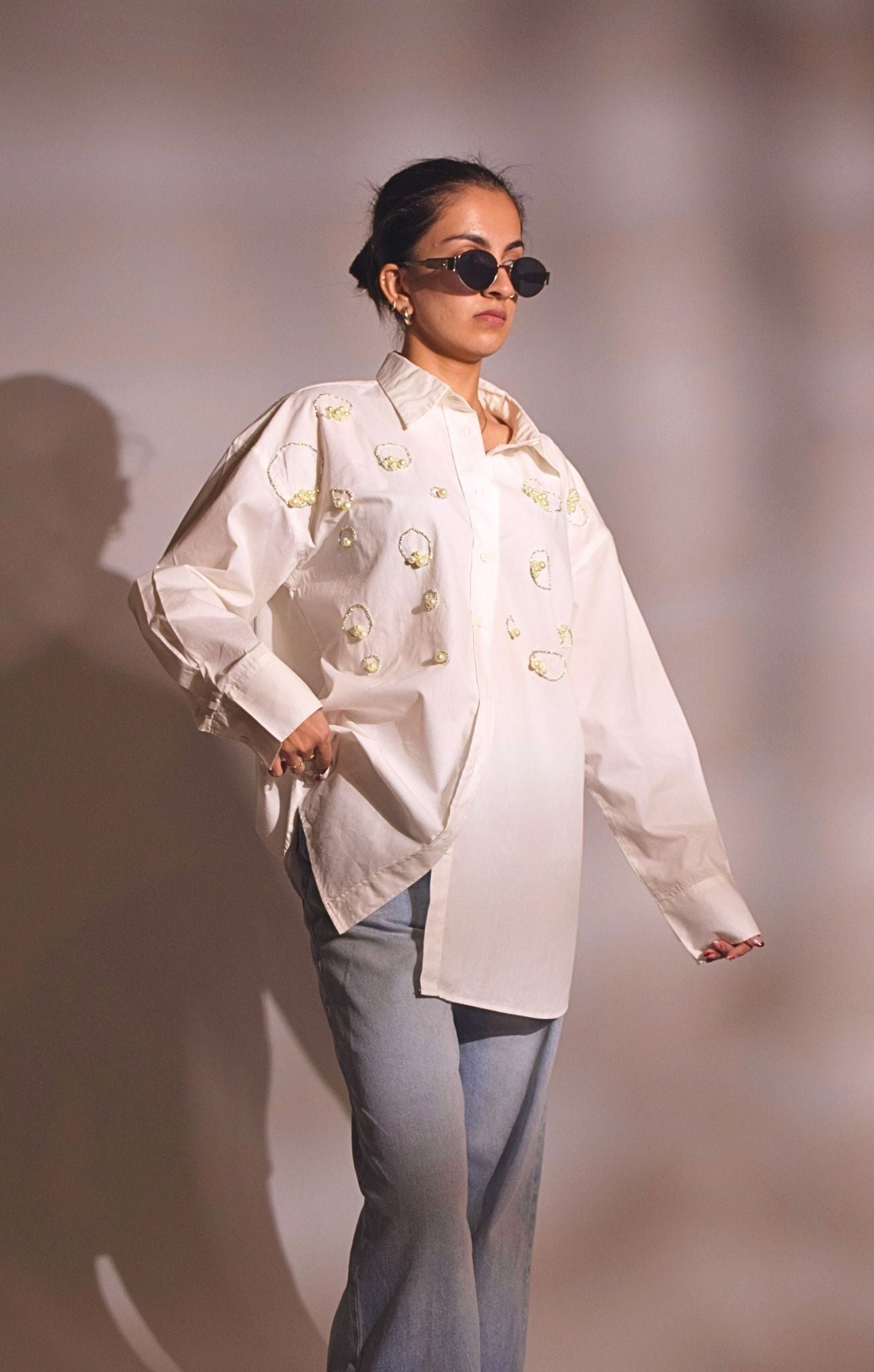 Island Embellished Handcrafted Oversized Shirt White