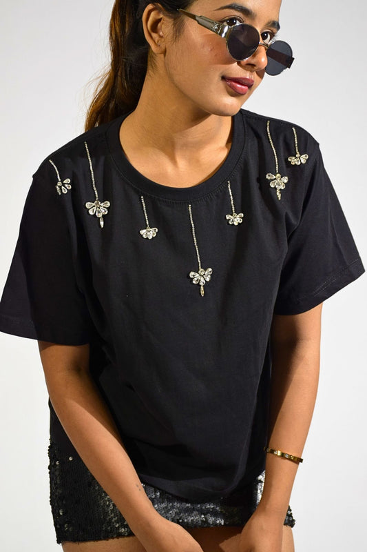 Chandelier Embellished Handcrafted Crop T-Shirt Black