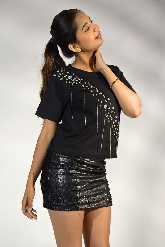 Crystal Wave Embellished Handcrafted Crop T-Shirt Black
