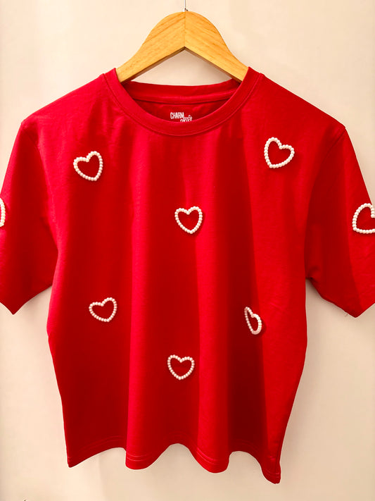 Heart of Pearl Embellished Handcrafted Crop T Shirt red
