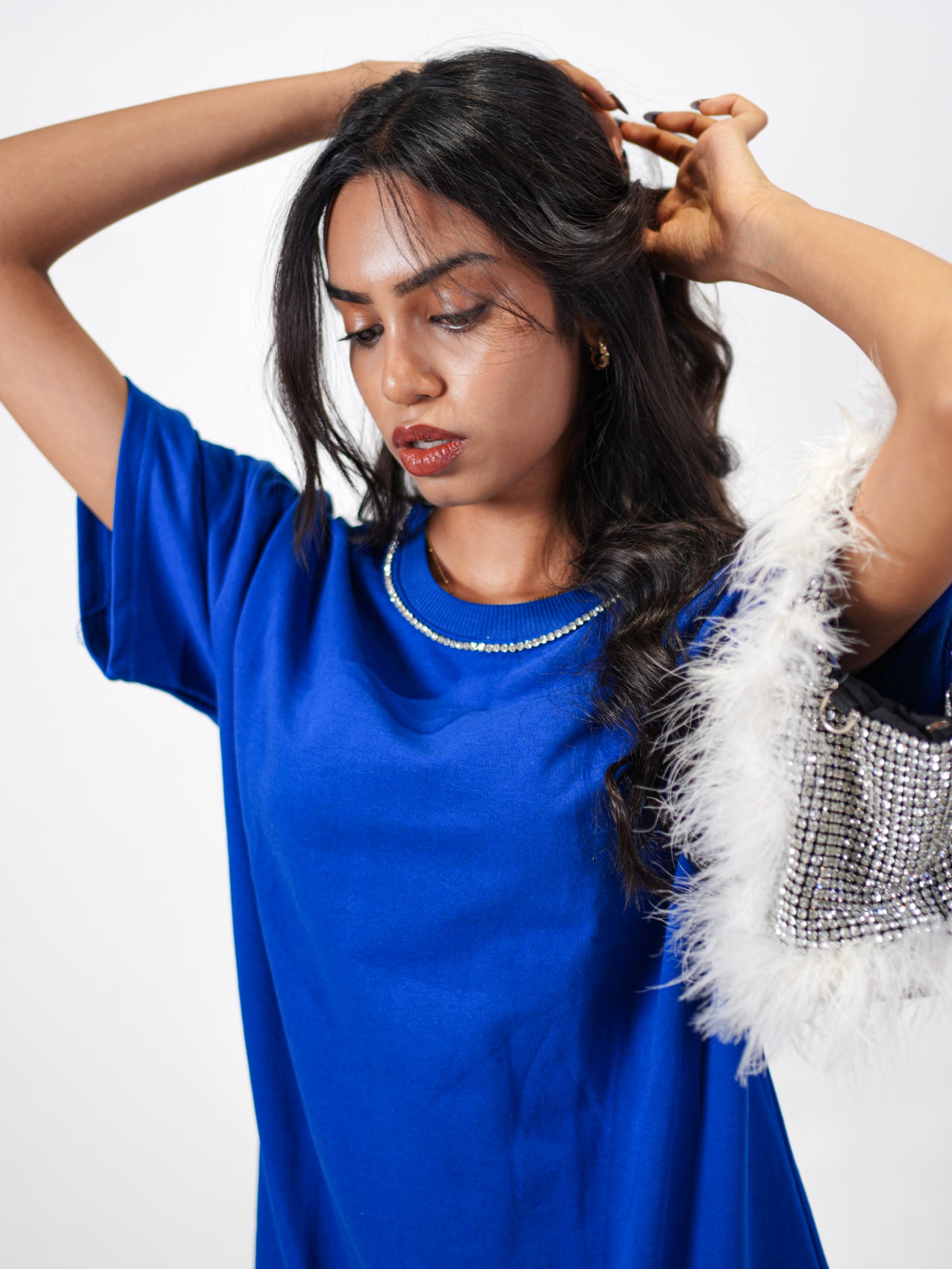 Neel Tara Embellished Handcrafted Oversized Tshirt Dress Blue