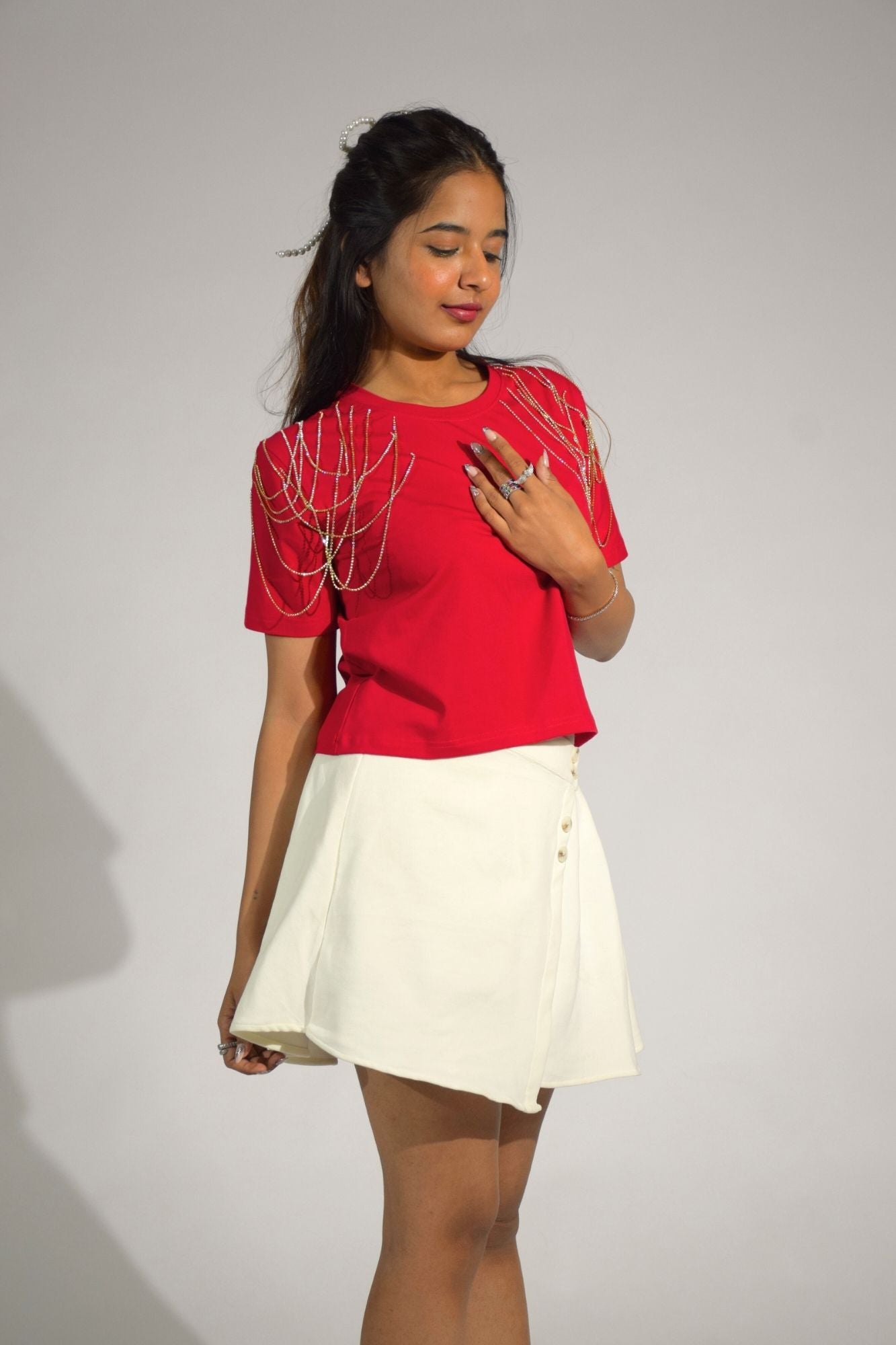 Edgy Embellished Handcrafted Crop T Shirt Red