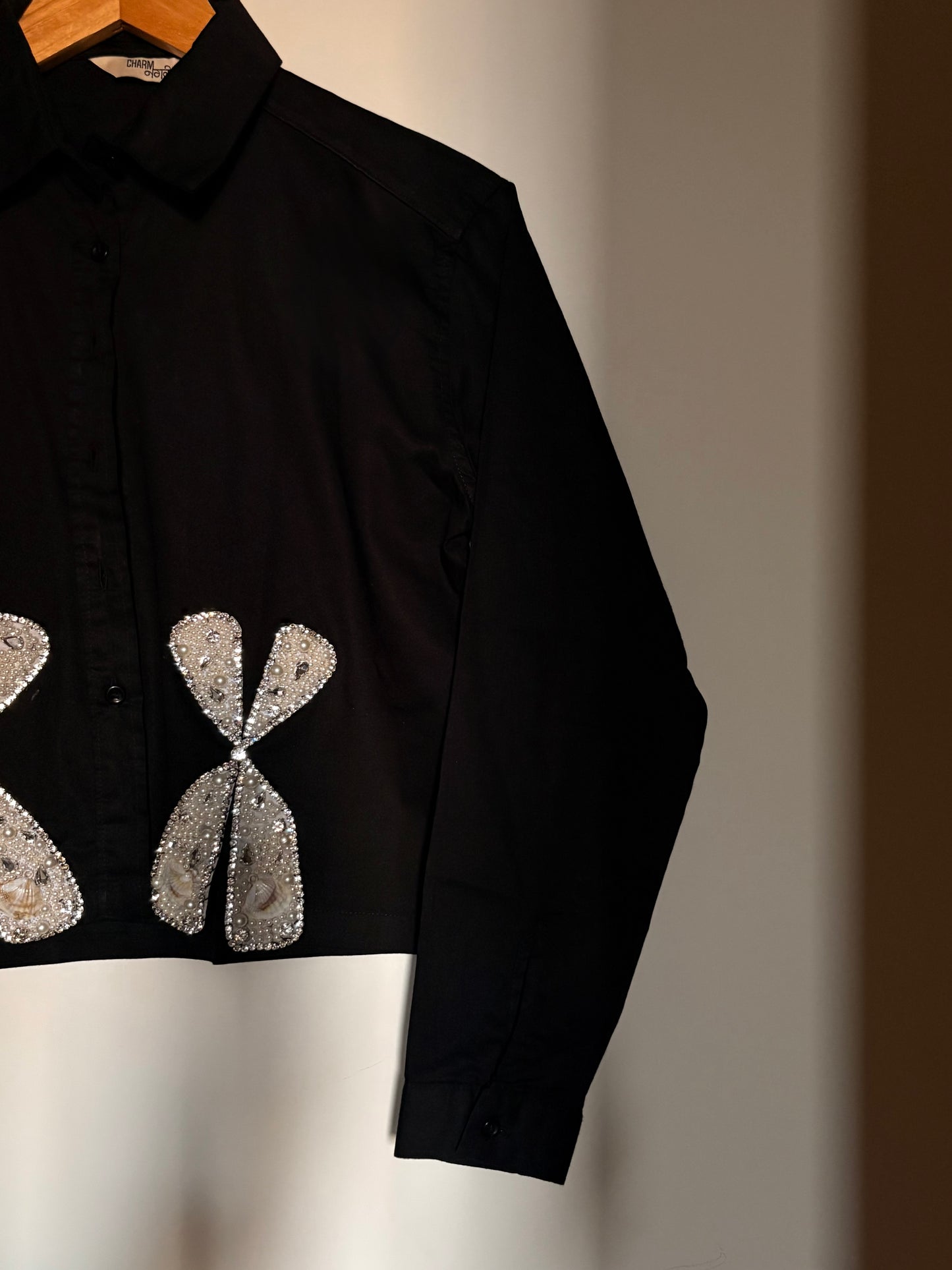 Bow aura charm embellished handcrafted crop shirt