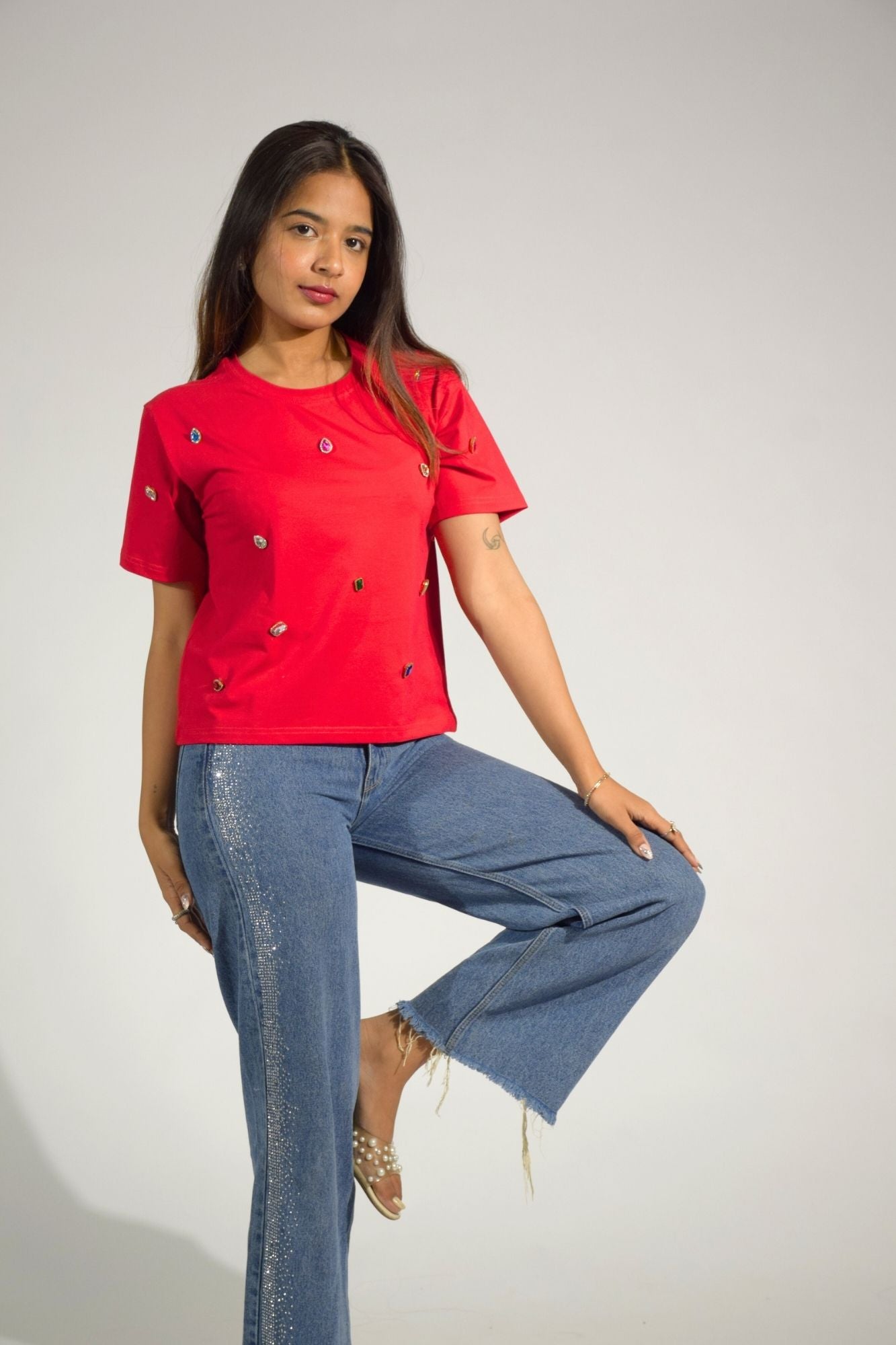 Infinity stones Embellished Handcrafted Crop T Shirt Red