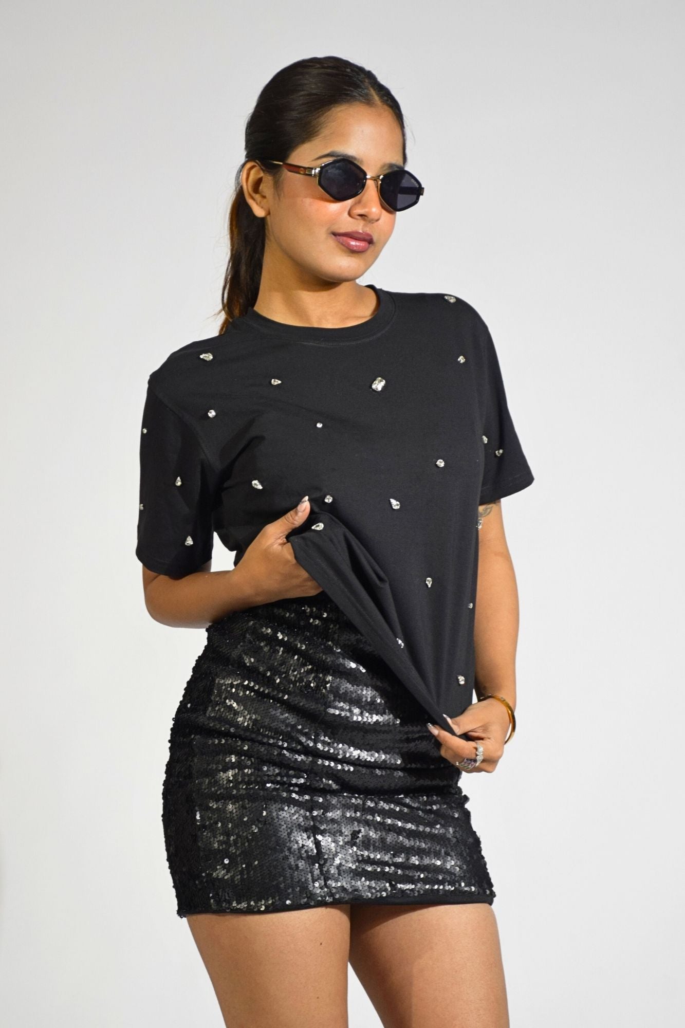 Galaxy Stone Embellished Handcrafted Crop T-shirt Black