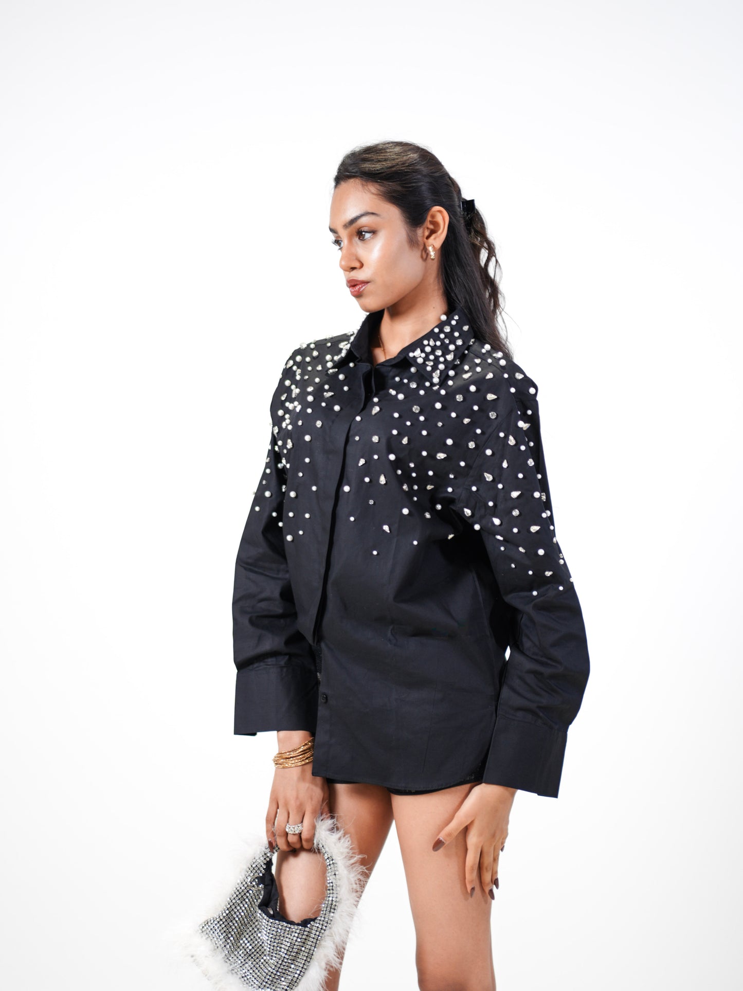 Noor Drip Embellished Handcrafted Oversized Shirt Black