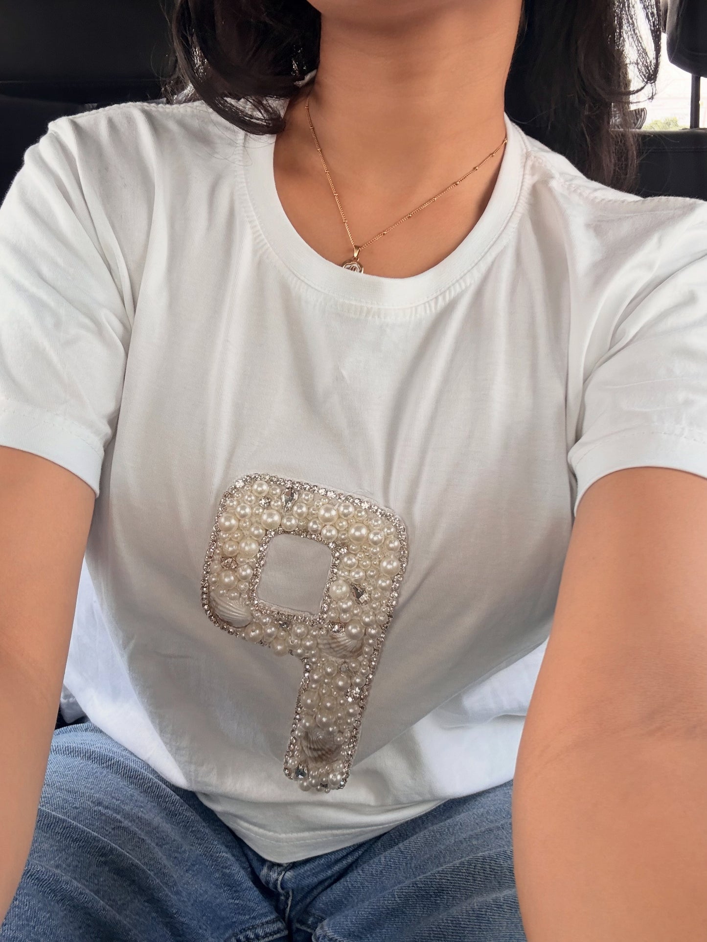 Personalised alphabet hand embroidered embellished crop tshirt