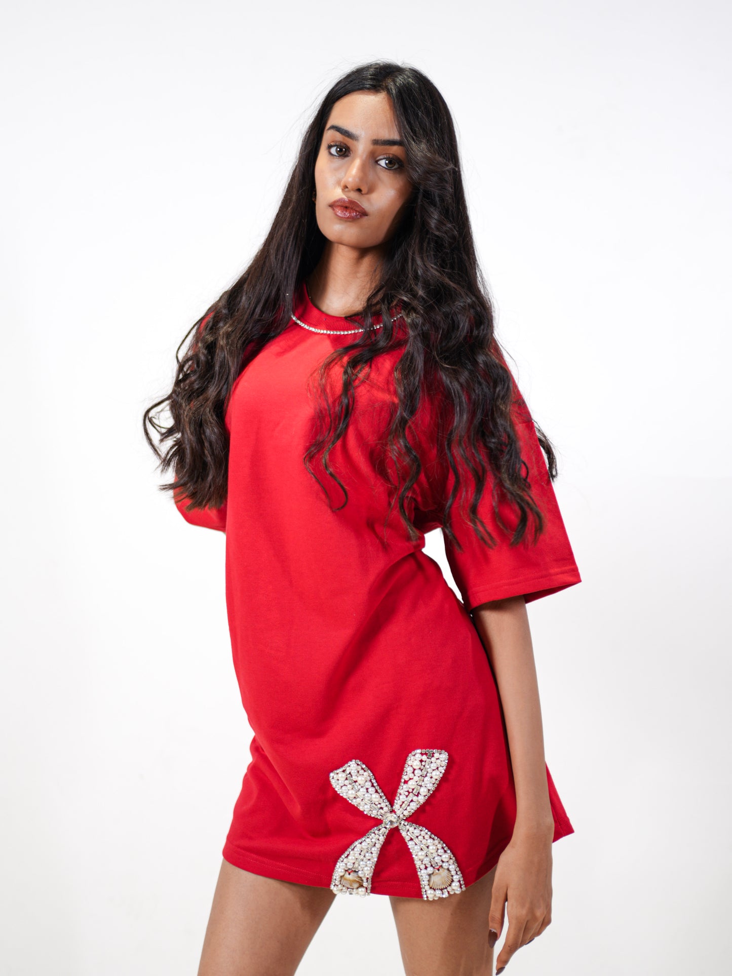 Ruby Bow Embellished Handcrafted Oversized Tshirt Dress Red