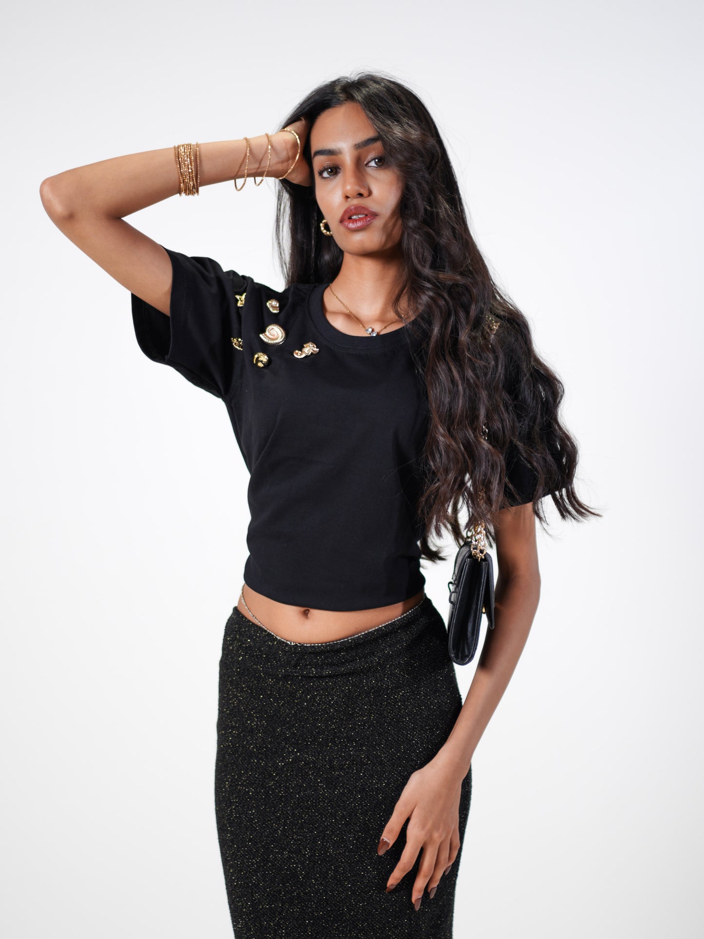 Ocean Treasure Embellished Handcrafted Crop T-Shirt Black